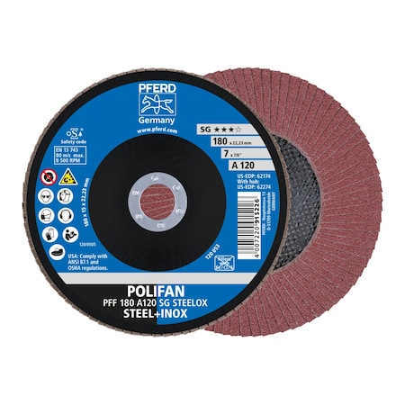 Pferd 7" x 7/8" A.H. POLIFAN Flap Disc - A SG STEELOX, Aluminum oxide, 120 Grit, Flat 62174